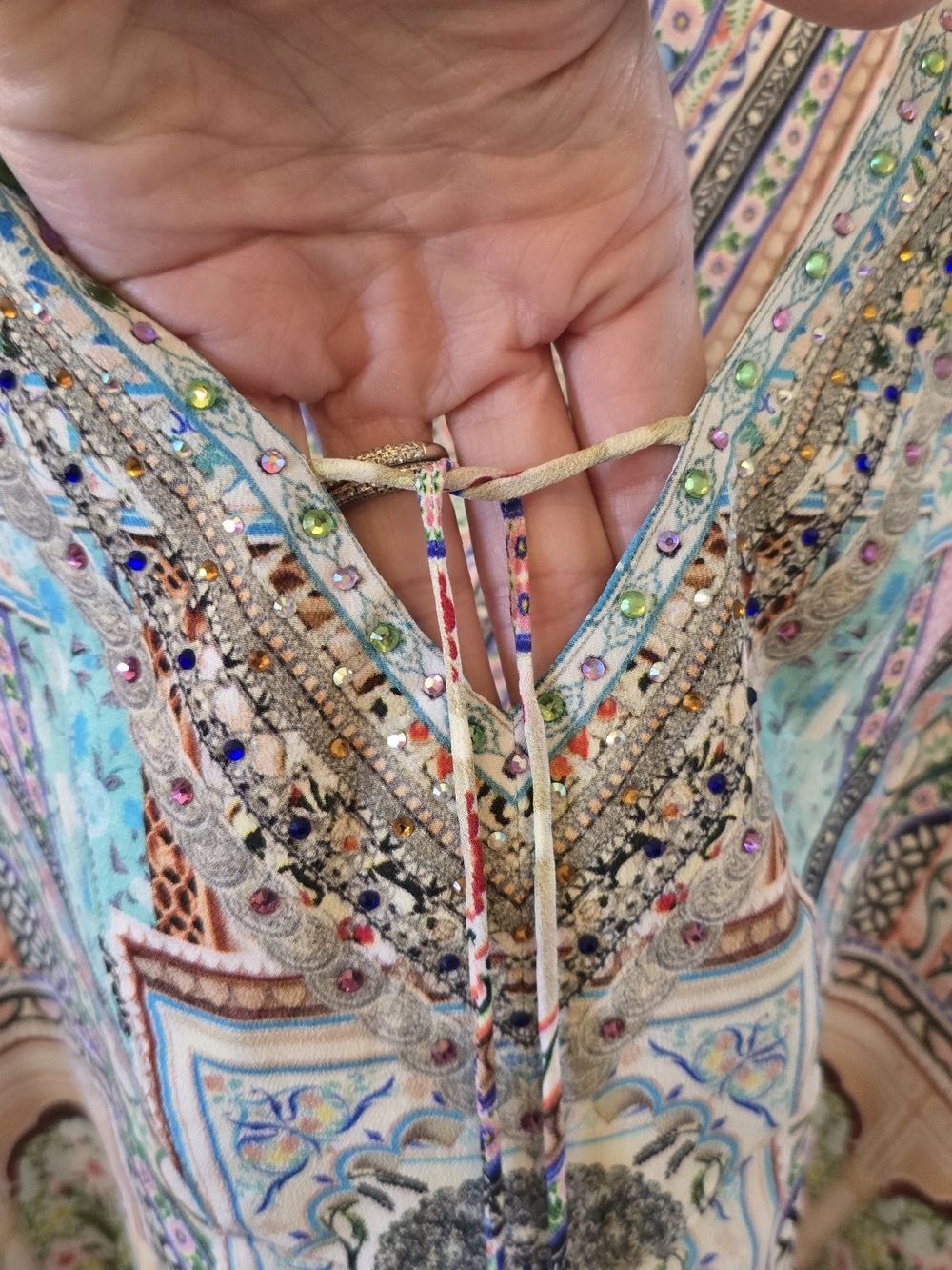 Camilla Silk Embellished Print V-Neck Blouse with Beaded Tassels - Picture 2 of 13